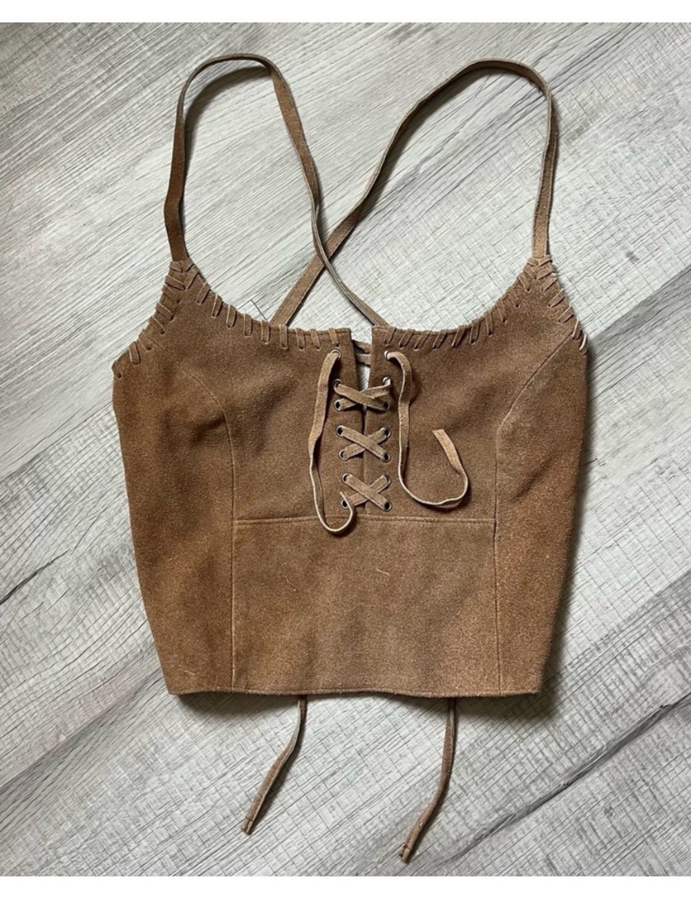 VINTAGE SUEDE CROSS CROP LACE UP TANK TOP CROSSBACK TIE BACK SIZE MEDIUM - Picture 1 of 7